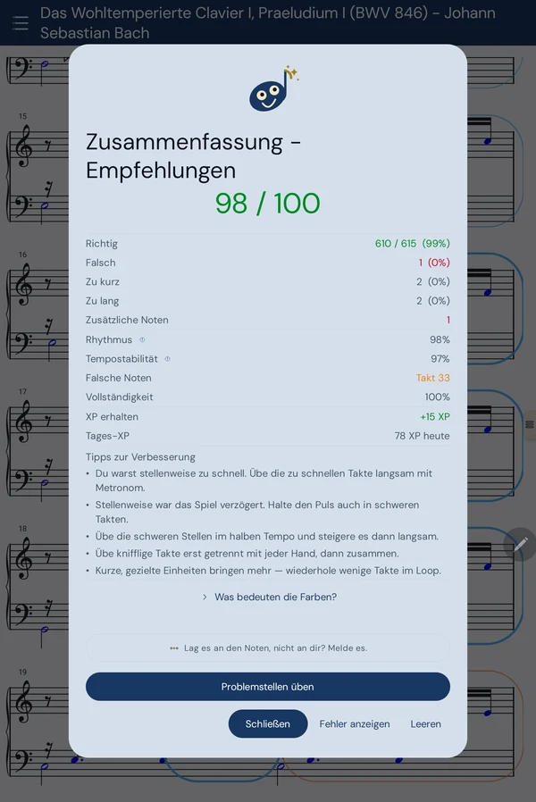Eine ausgewertete Sitzung über Bachs Praeludium I: 98 von 100 Punkten, 610 von 615 Noten richtig, 1 falsch, 2 zu kurz, 2 zu lang, 1 zusätzliche Note, falsche Noten in Takt 33 — plus Tipps zur Verbesserung.